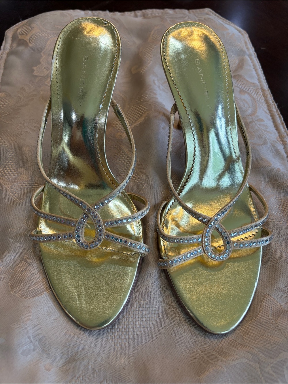 Bandolino Gold Rhinestone Strappy Slide Heel - Women